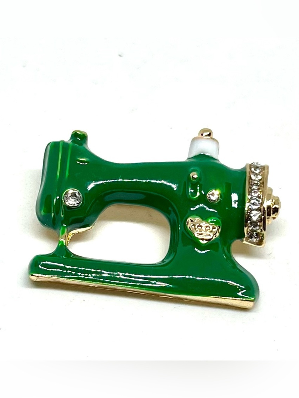 Green Sewing Machine Brooch with Rhinestones